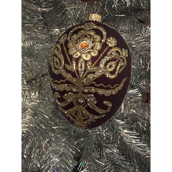 Burgundy & Gold Parzenica Christmas Glass Ornament Hand Decorated with Jewel 5” - Picture 2 of 12